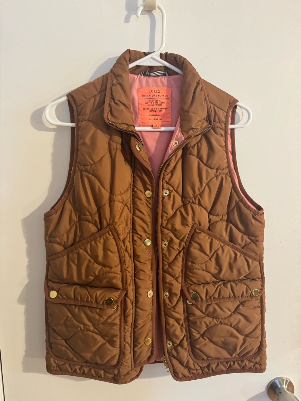 J. Crew Brown Puffer Vest with Pink Interior